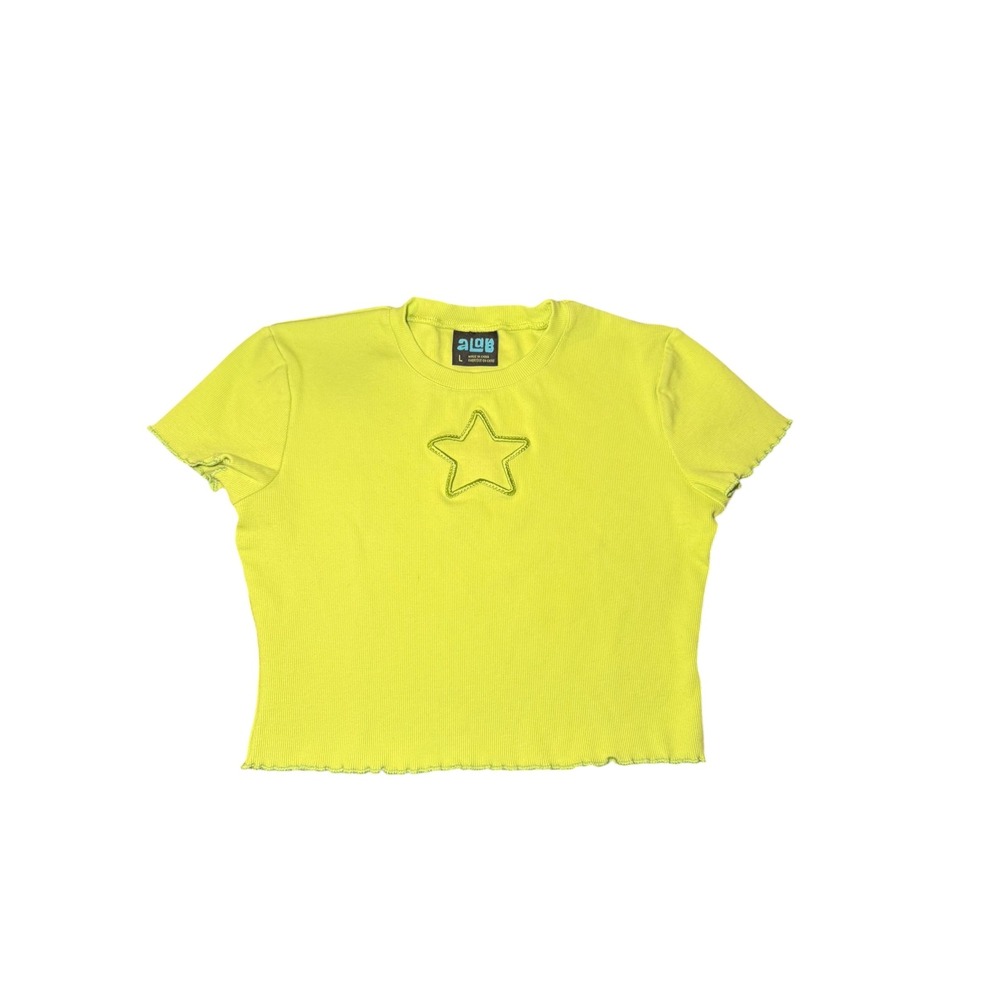 A-Lab Neon Lime Green Ribbed Star Cutout Baby Tee Mens Large